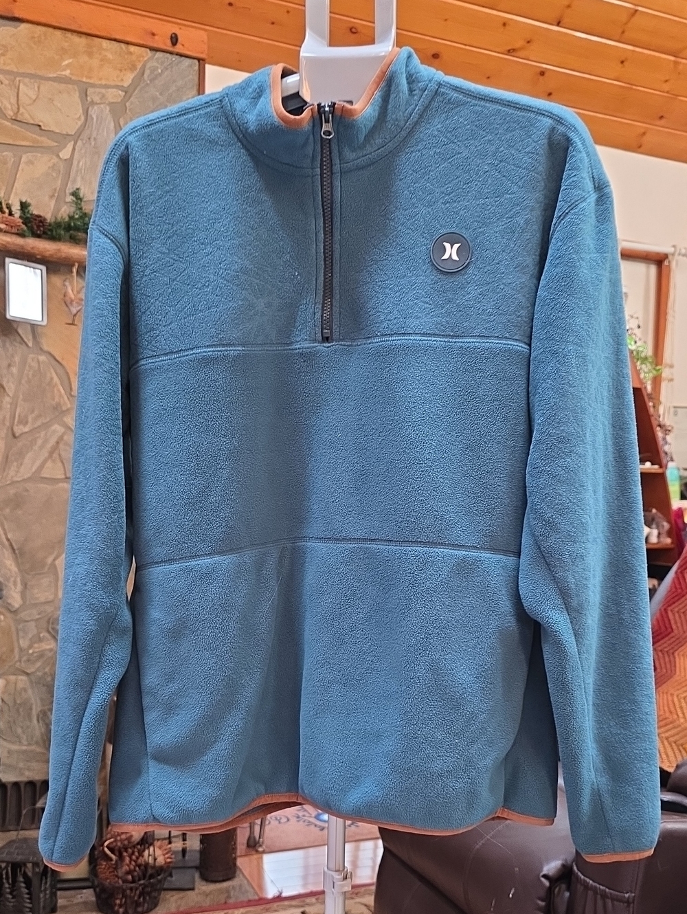 Hurley Men's Teal Zip-Up Fleece Pullover with Contrast Trim-L
